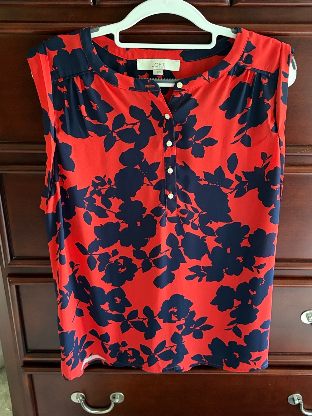 LOFT Red and Navy Floral Sleeveless Top